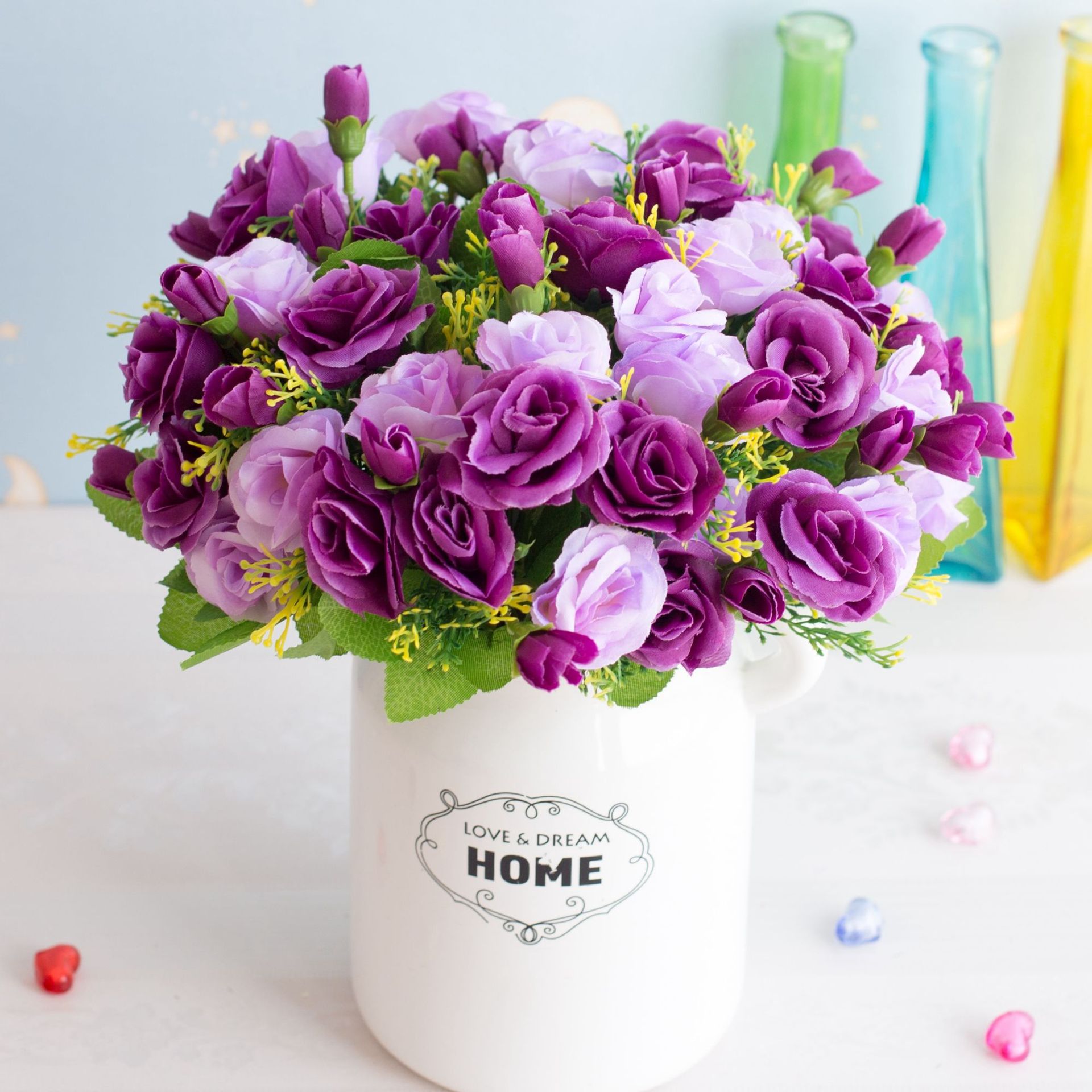 批发15头凤凰玫仿真小玫瑰花 客厅假花摆放装饰韩式把束绢花植物