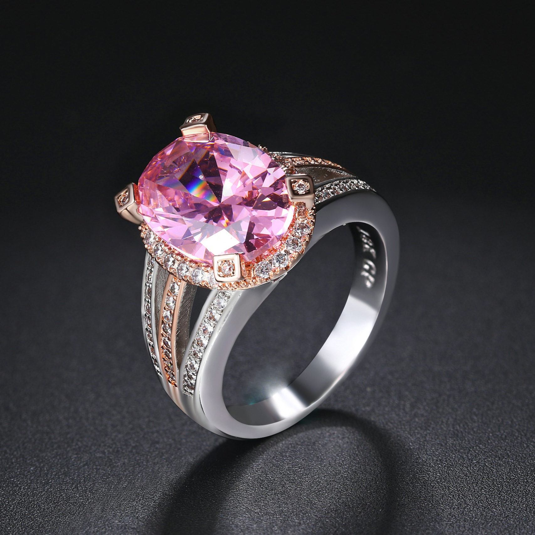 欧美爆款鸽子蛋锆石戒指女微镶满钻分色电镀鸡尾酒戒跨境首饰批发