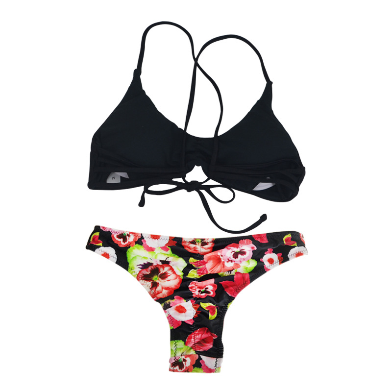 2019欧美外贸 黑色吊带印花泳裤女士比基尼泳衣 速卖通爆款泳装