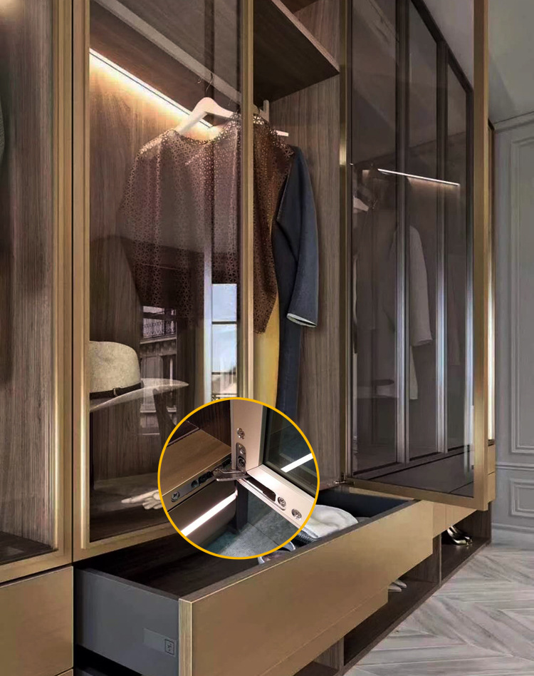 高档衣帽间窄边铝框玻璃门天地合页铰链角码三维可调隐身天地铰链