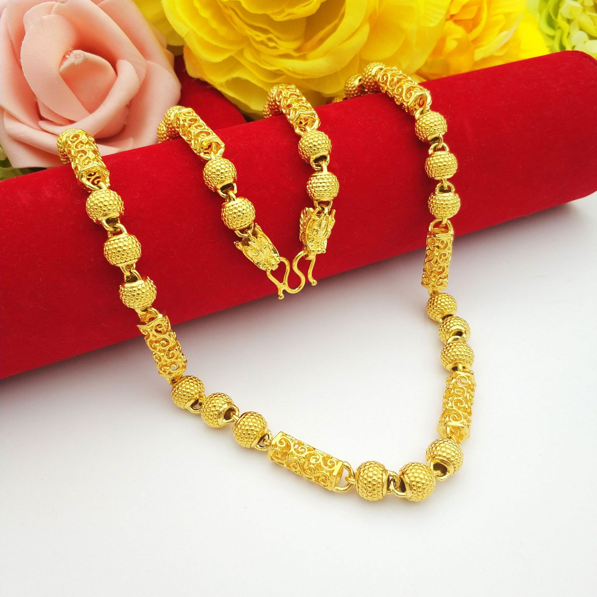 男款 仿金沙金男士镂空雕花柱配磨砂圆珠祥云龙头项链 货源批发