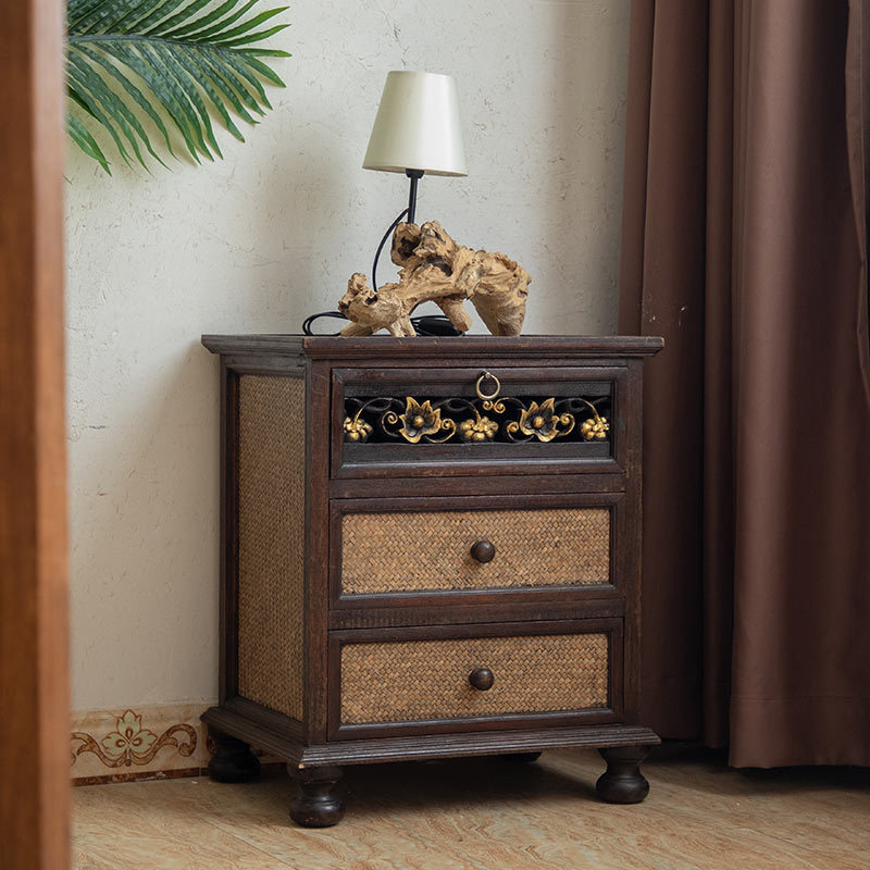 东南亚风格床头柜中式实木藤编收纳柜复古简约床边小柜子142083