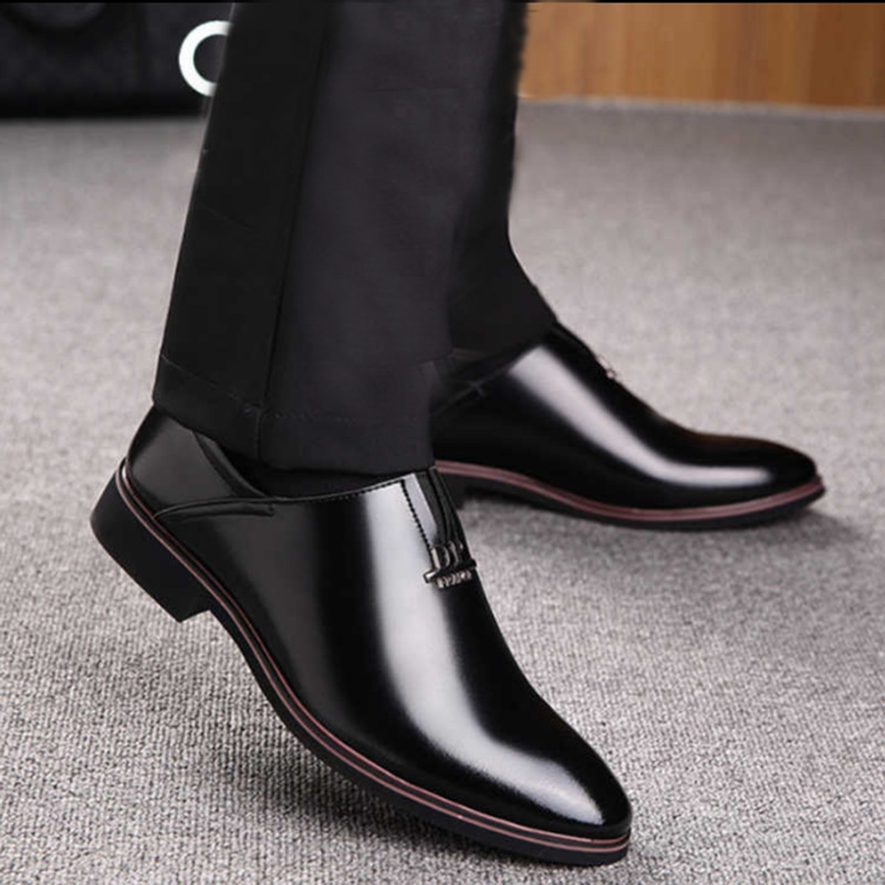 男鞋子春季男士商务皮鞋男黑色休闲皮面鞋正装韩版透气