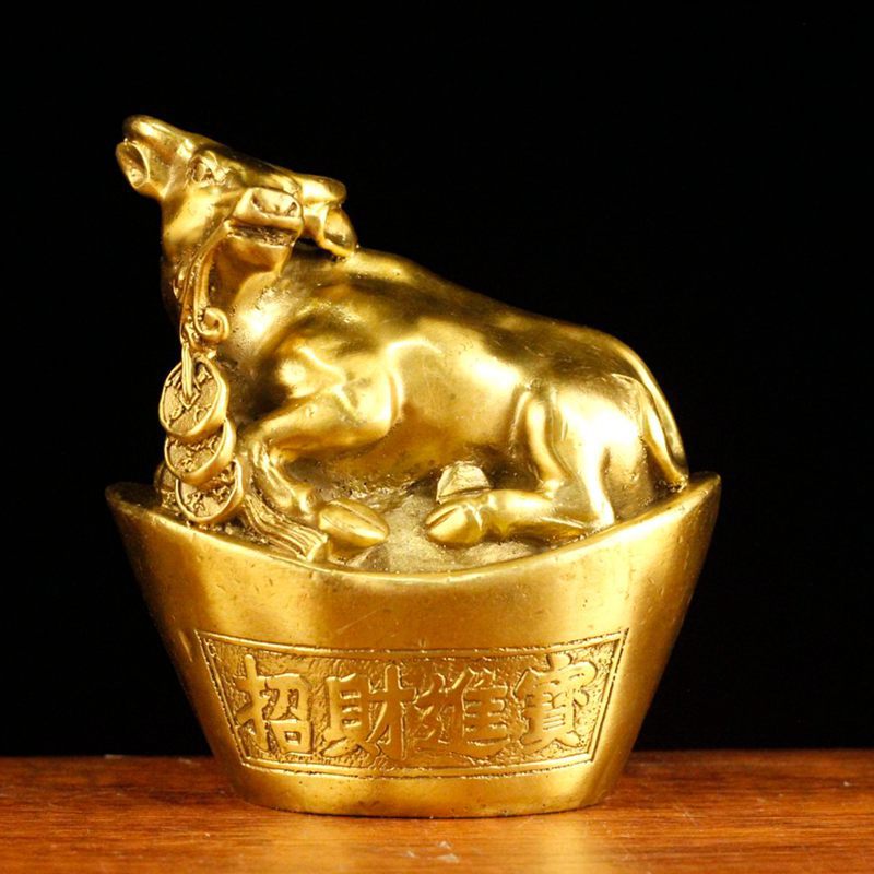 纯黄铜元宝牛摆件铜牛生肖牛如意元宝牛办公室装饰品家居摆设批发