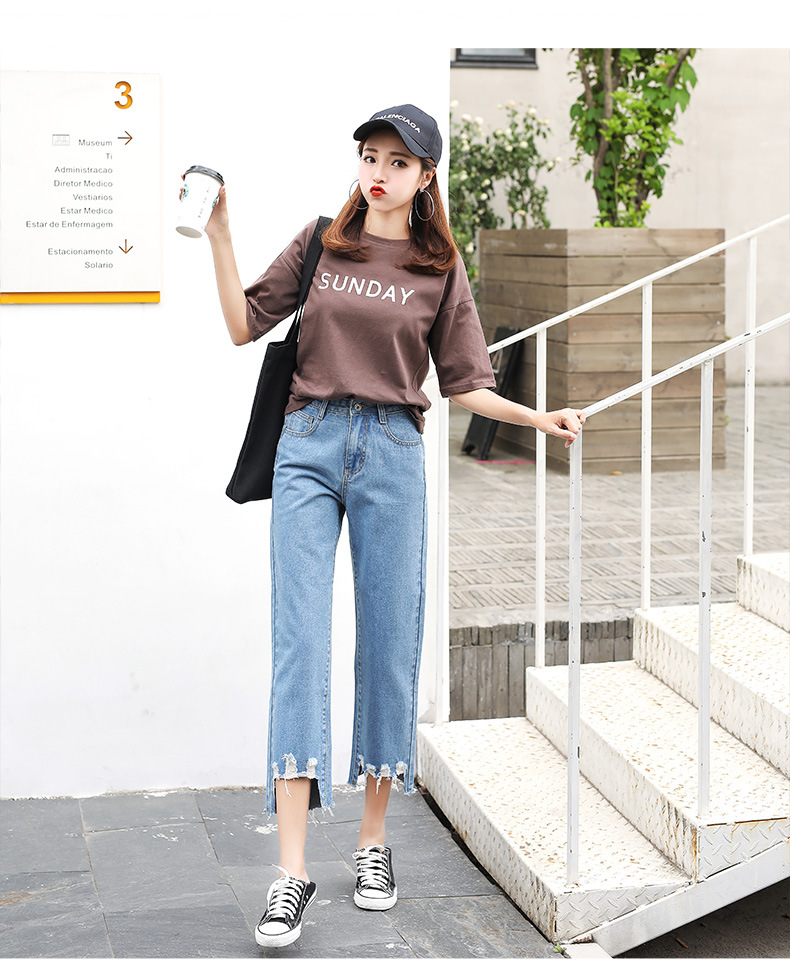 2018新款八分牛仔裤女宽松直筒韩版高腰学生阔腿bf裤子夏九分薄款
