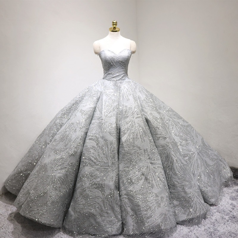 2020新款新娘婚纱礼服修身银灰色宫廷拖尾仪式纱收腰公主梦幻婚纱