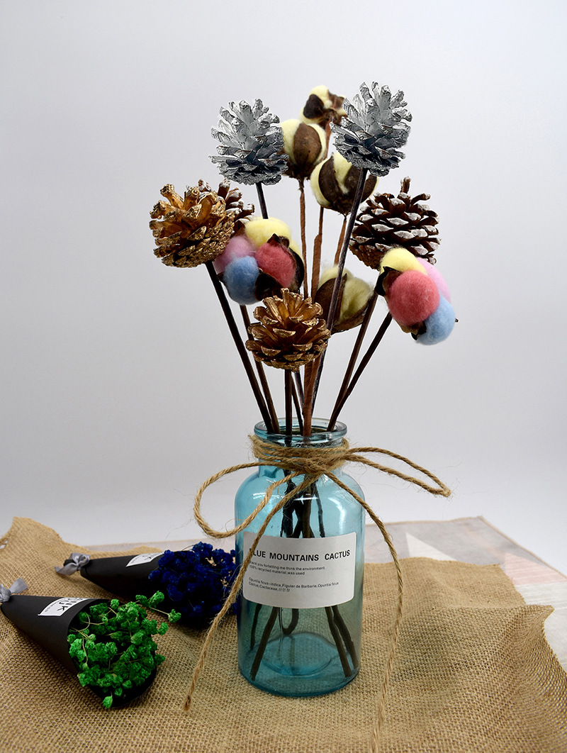 铁杆松花松果松塔枝插花天然松果干花 拍照道具圣诞装饰带杆松果