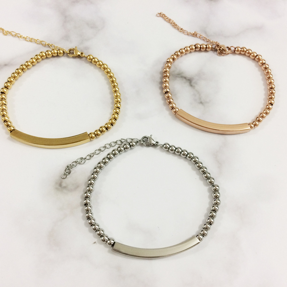 跨境商品 简约女士不锈钢串珠子手链 钢钛空心管长条刻字手链女