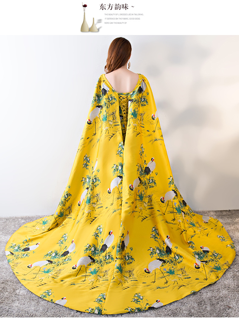 工厂批发中国风鹤舞黄色仙鹤女模特彩妆演出比赛舞台走秀华服礼服