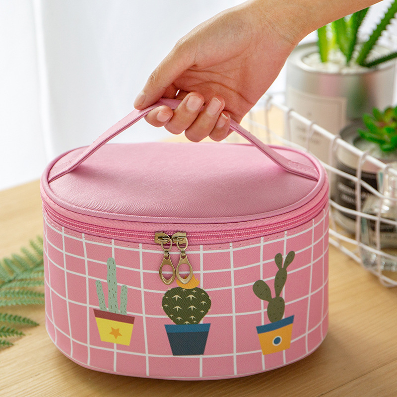 New Korean Style Pvc Cute Cartoon round Barrel Storage Bag Large Capacity Travel Portable Cosmetic Bag Wash Bag
