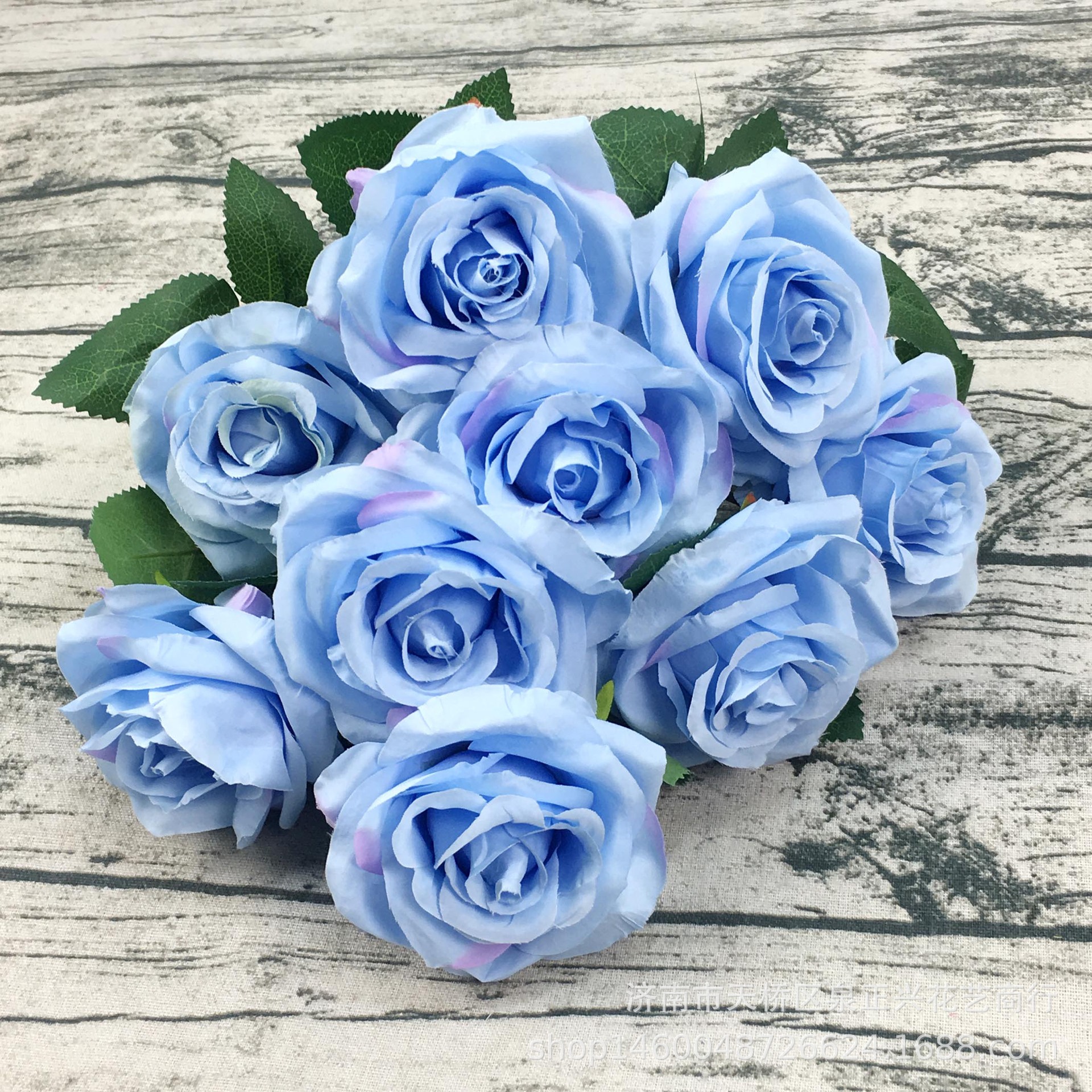 9叉,9朵花,花头直径约11厘米,30片叶子 颜色:白色 粉色 蓝色 大红