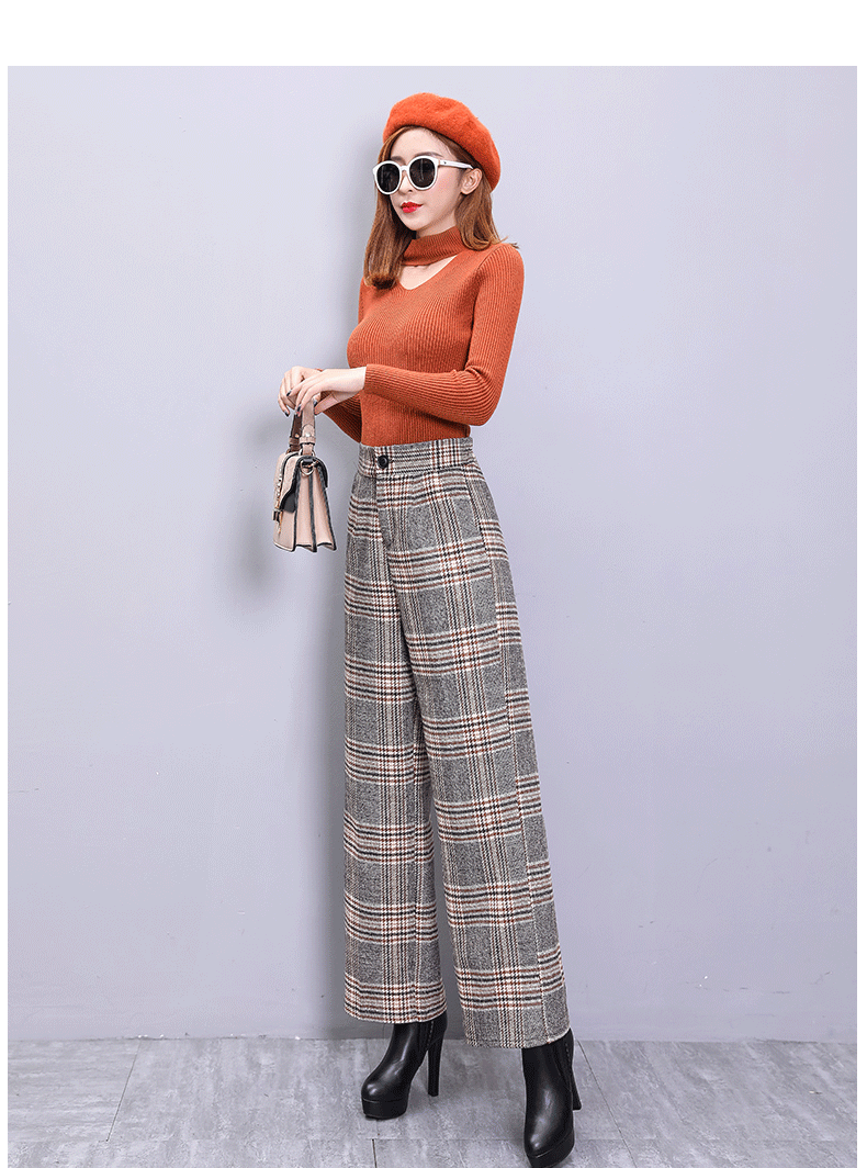 欧美加厚冬阔腿裤女毛呢条纹甩裤女冬装格子休闲裤长裤女裤代销