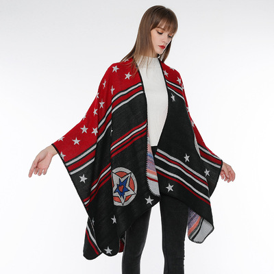 披肩斗篷外套女秋季欧美风不规则条纹撞色星星流苏中长款披风春秋