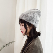 韩版新款安哥拉兔毛毛线帽子女冬季卷边针织帽包头帽时尚保暖帽潮