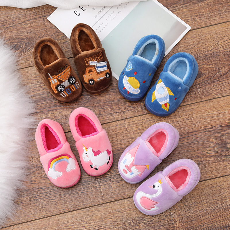 2023 Autumn and Winter New Children Household Ankle Wrap Cotton Shoes Cartoon Car Swan Boy Girls Thermal Shoes 1-8 Years Old