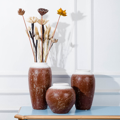 景德镇现代简约手工粗陶罐坛子干花 土黄色 家具艺术摆件花瓶陶瓷