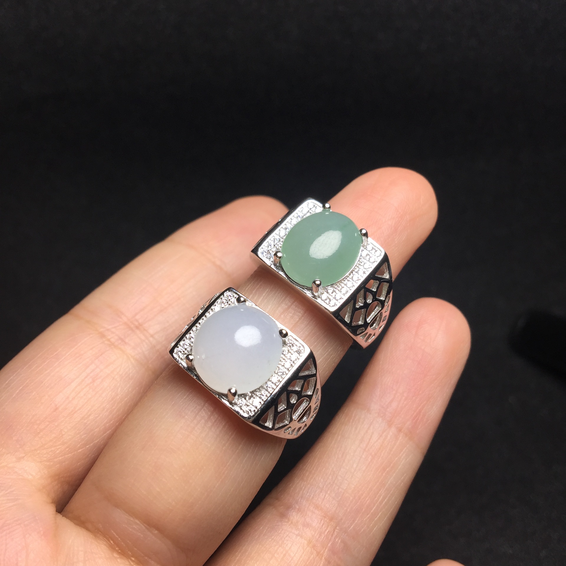 彩宝首饰 925银镶嵌天然翡翠男戒 镂空设计款式新颖