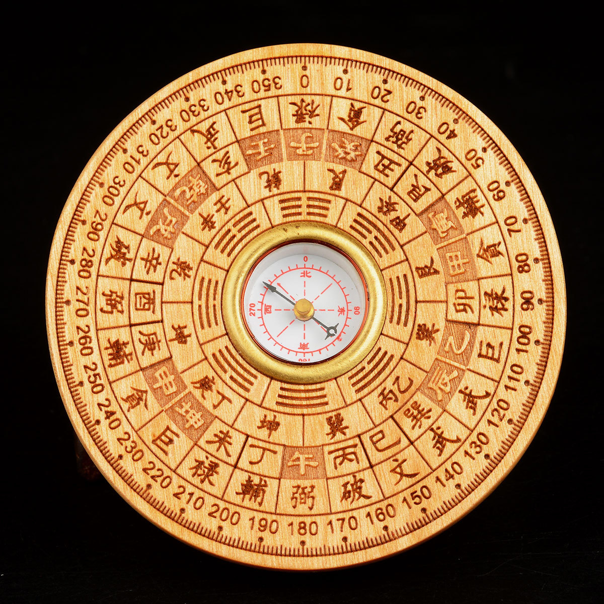 云端多福 桃木圆形罗盘指南针罗经仪摆件工艺礼品随身携带