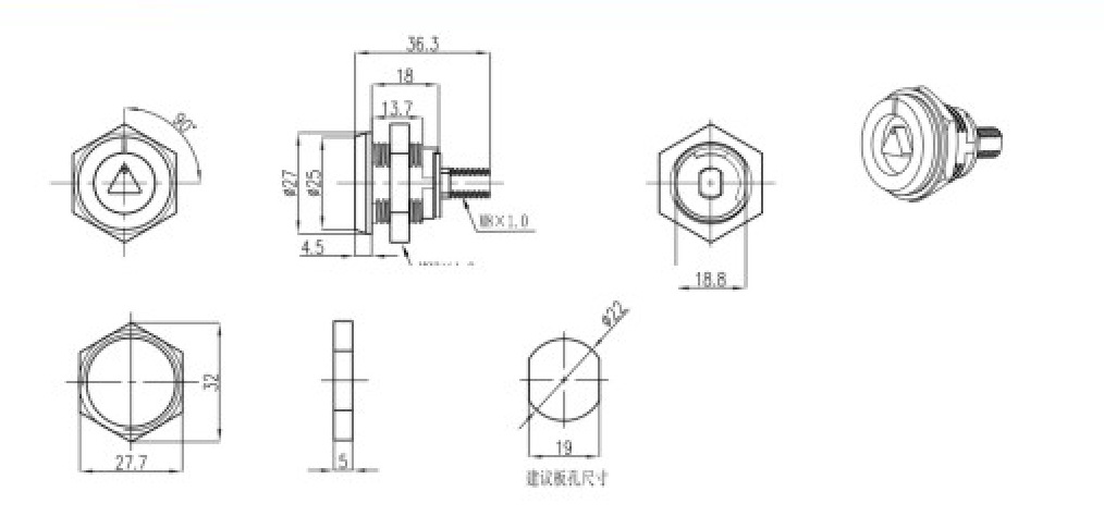 开孔尺寸22mm,三角8mm锁芯镀珍珠铬,可配内齿垫圈及螺母