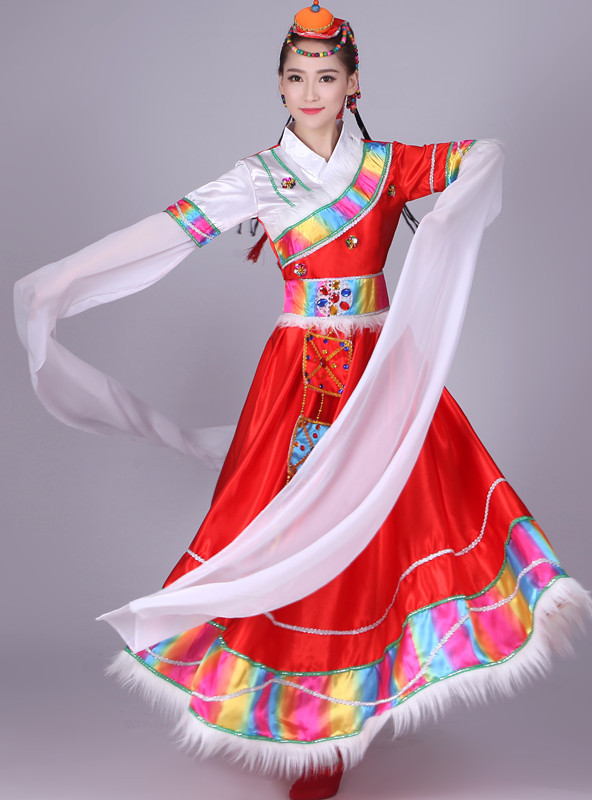 新款成人女藏族水袖舞蹈演出服西藏少数民族长裙舞台大摆裙表演服