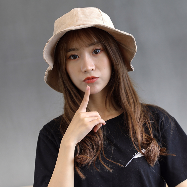 秋冬女士荷叶边渔夫帽春夏日系百搭帽子 户外防晒灯芯绒帽可折叠