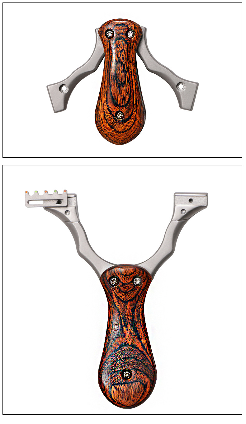 不锈钢免绑折叠弹弓 带瞄木纹弓柄户外玩具便携专用扁皮口袋弹弓