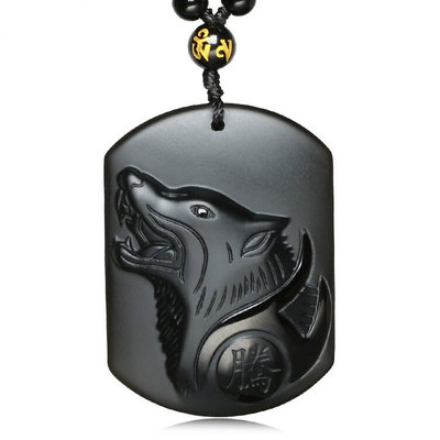 天然黑曜石狼牌吊坠 男士款狼图腾项链挂件 六字真言狼牌挂坠批发
