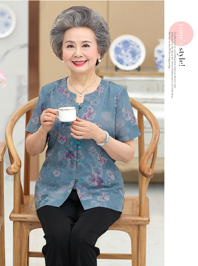 奶奶装夏季新款印花两件套大码6080岁短袖女装中老年休闲宽松套装