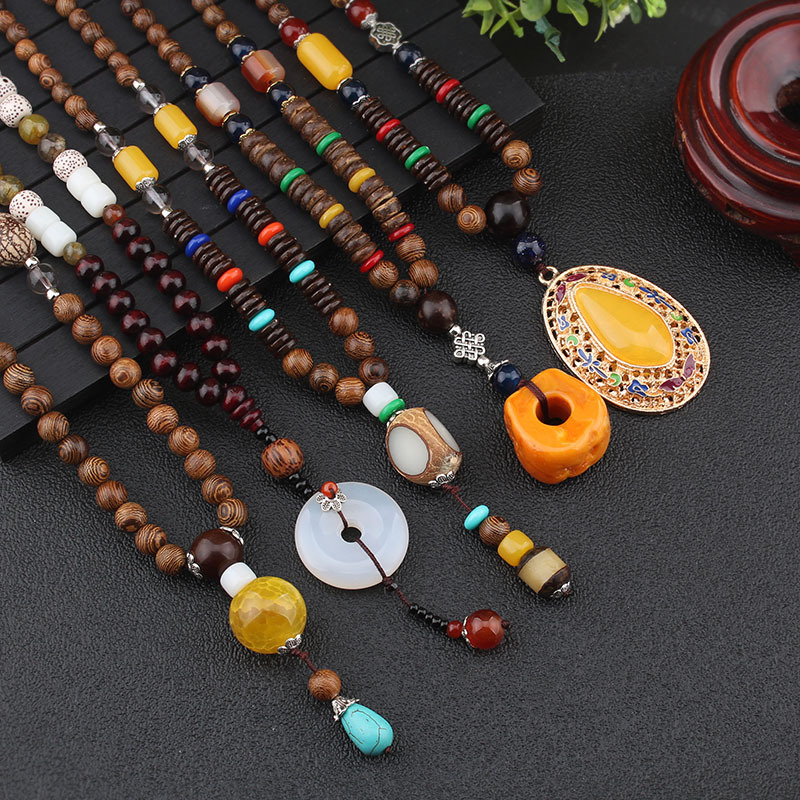 Retro Easy Matching Casual Ethnic Style Wooden Necklace Long Sweater Chain Women's Accessories Cotton and Linen Pendant Men's Agate Pendant