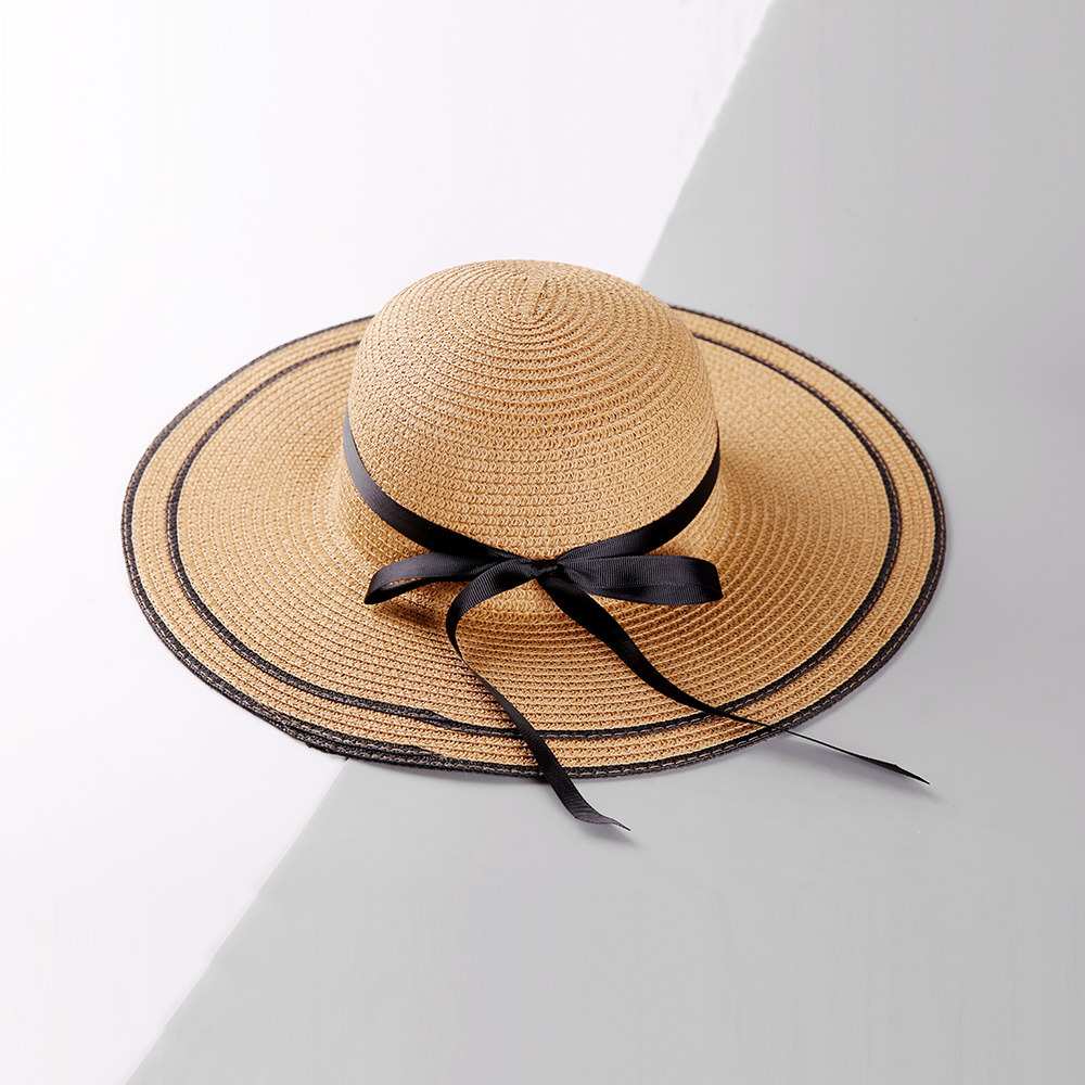 双色边大檐草帽女士夏季遮阳帽丝带蝴蝶结太阳帽户外防晒百搭凉帽