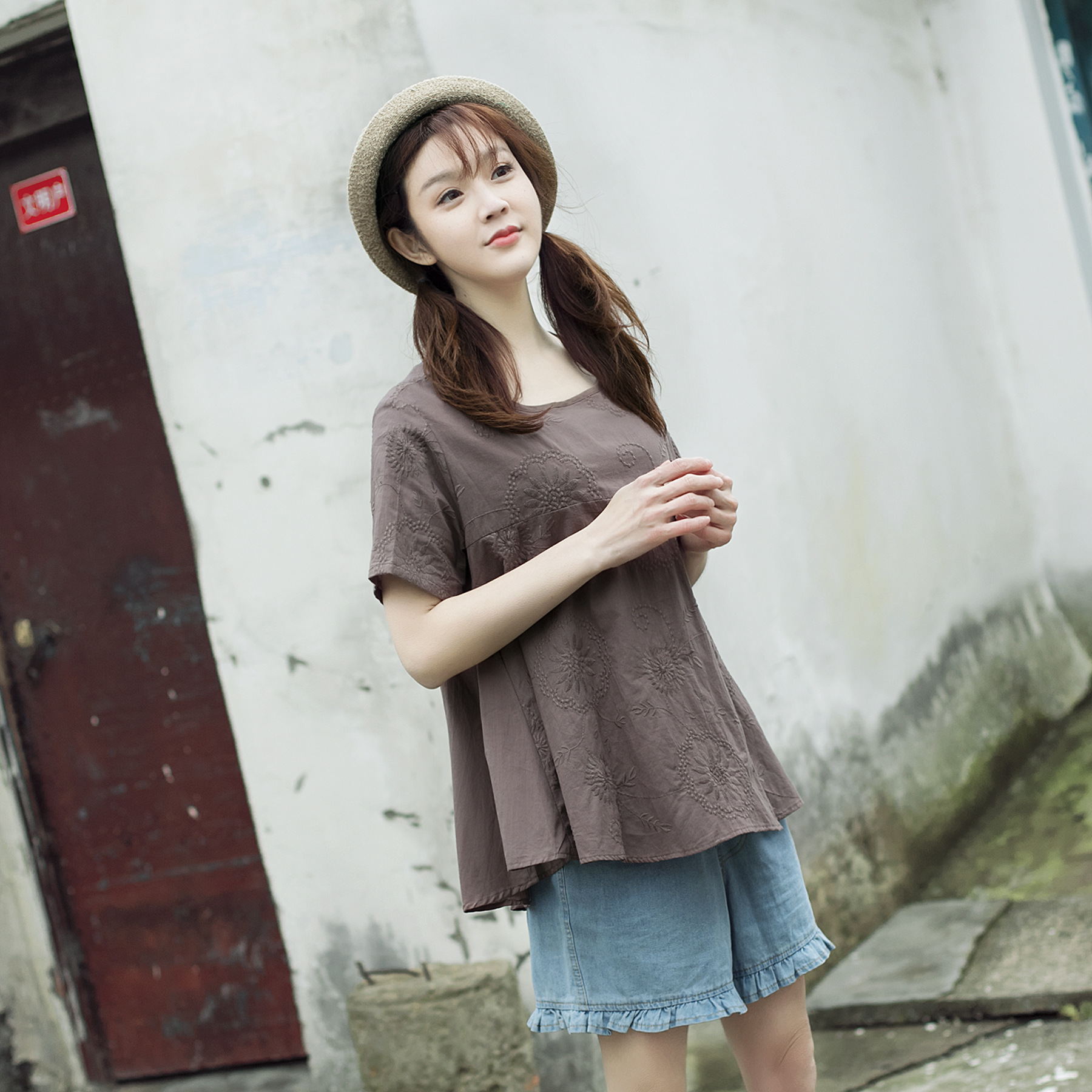 特大码女装一件代发200斤胖丫头纯棉刺绣韩版显瘦娃娃衫t恤t9996