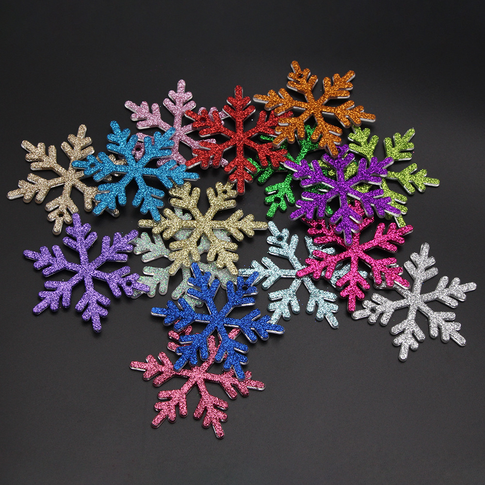 节日装饰用品衣服辅料配件 圣诞粘粉彩色透明6.5cm小雪花挂件道具