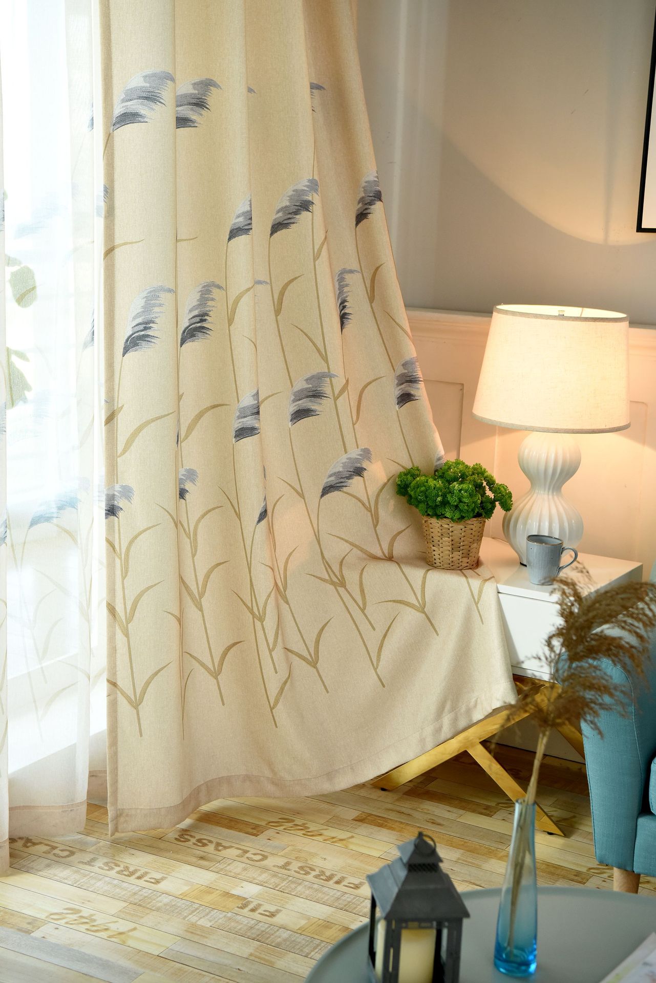 新中式现代简约美式田园仿麻印花芦苇花客厅卧室阳台纱帘成品窗帘