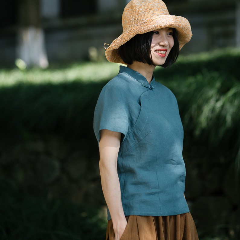 大拙春夏款女装苎麻斜襟盘扣衬衫夏季短袖上衣t恤 160812