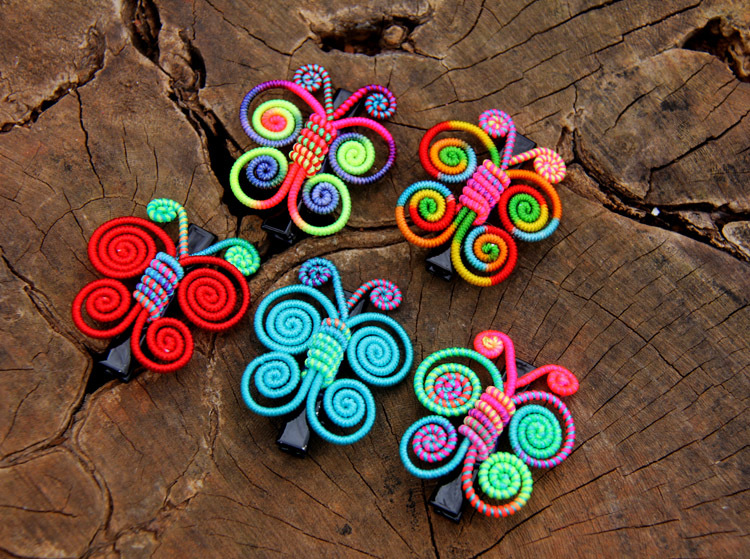 民族风手工彩线发夹 小女孩儿童蝴蝶花朵彩线发卡发夹头饰蓝艺