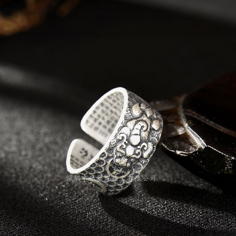 银薇妮s990银复古泰银工艺龙纹造型男款戒指貔貅麒麟开口银指环