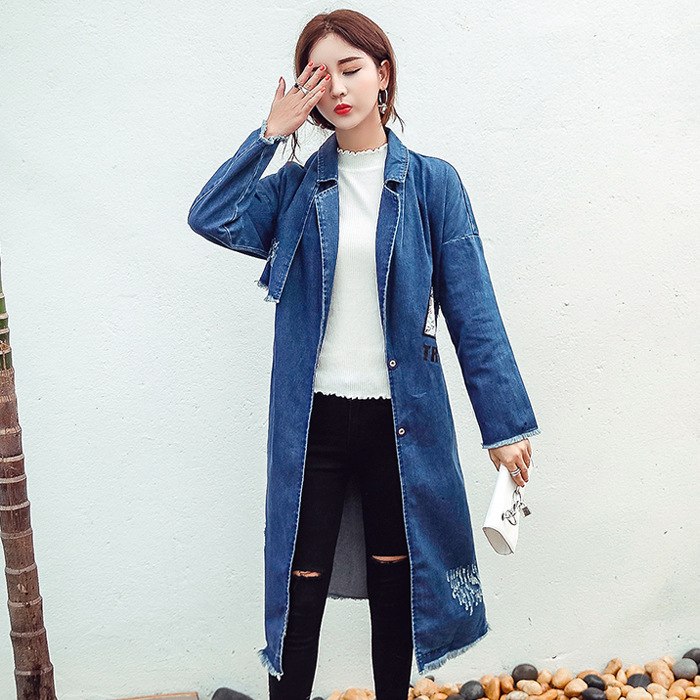 实拍2018秋冬牛仔外套女中长款过膝大码宽松系带西装领学生风衣潮