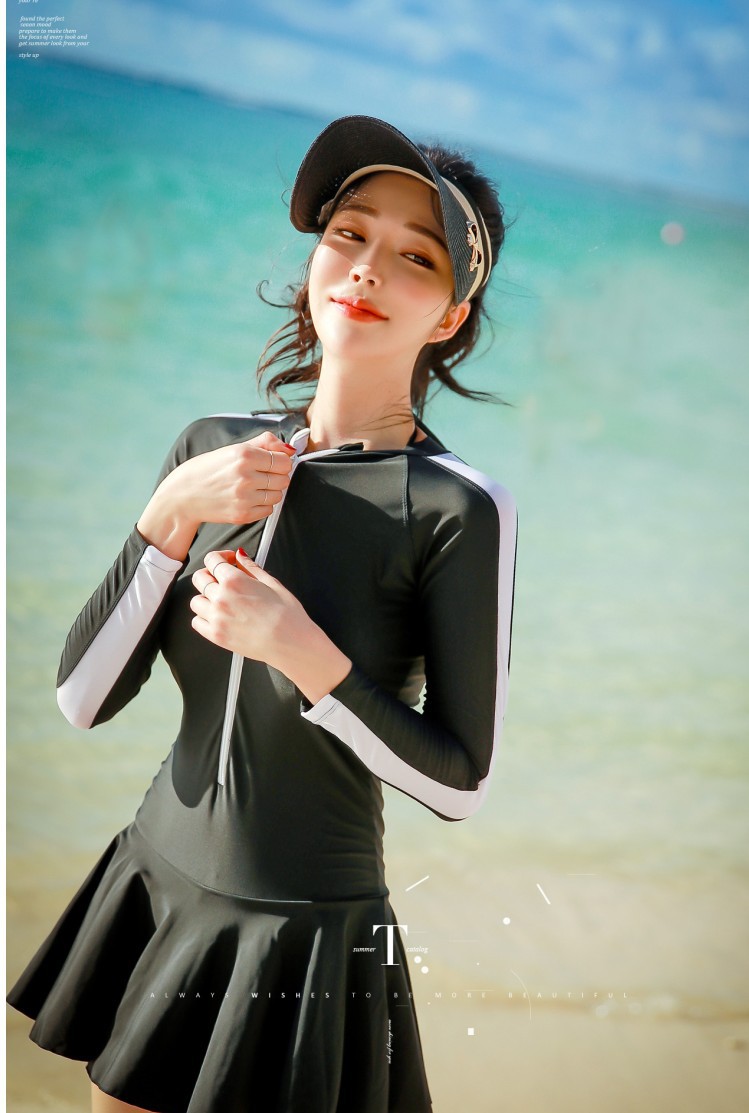 2019新款韩国女三件套潜水服长袖长裤钢托裙式浮潜服水母服冲浪服