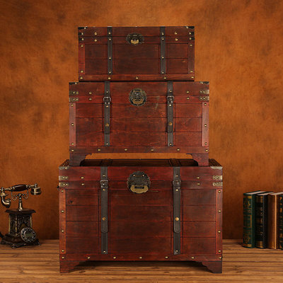 欧式复古带锁大木箱 手工做旧老式收纳箱子 橱窗摆件拍摄道具