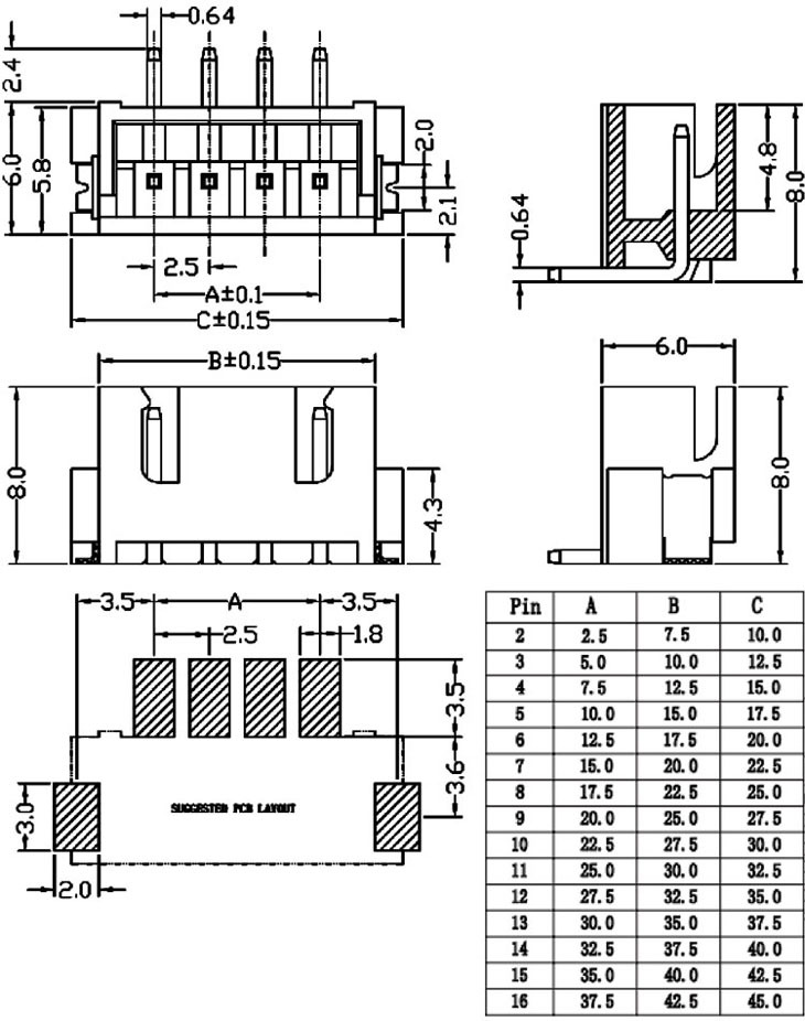 0mm间距 卧贴smt 卧式针座立贴连接器 pcb插座hy ph 4-6pin