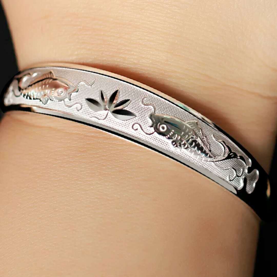 电镀合金双鱼莲花手镯 镀银手镯 银手饰银镯子地摊货源现货批发