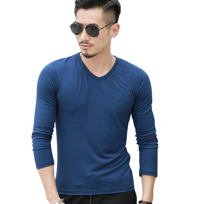 Men's Long-Sleeved Solid Color T-shirt V-neck T-shirt Solid Color Men's Long-Sleeved T-shirt Spring and Autumn Leisure Bottoming Shirt One Piece Dropshipping