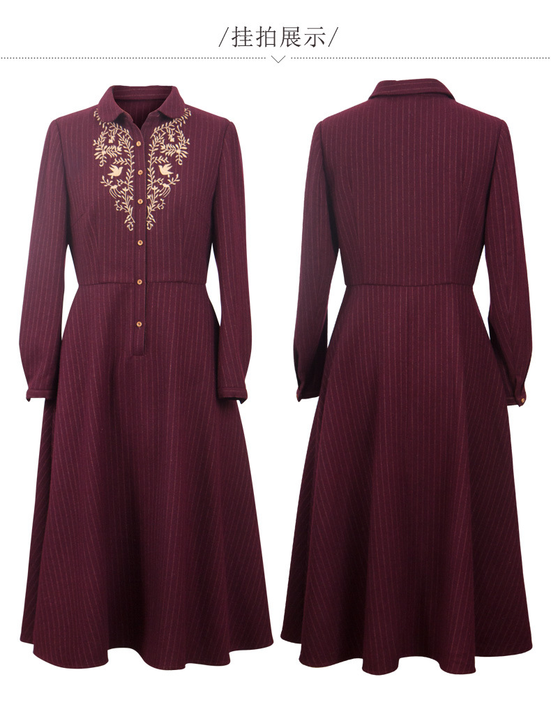 红念娃娃领羊毛呢连衣裙秋装女2018新款中长款a字裙刺绣长裙子