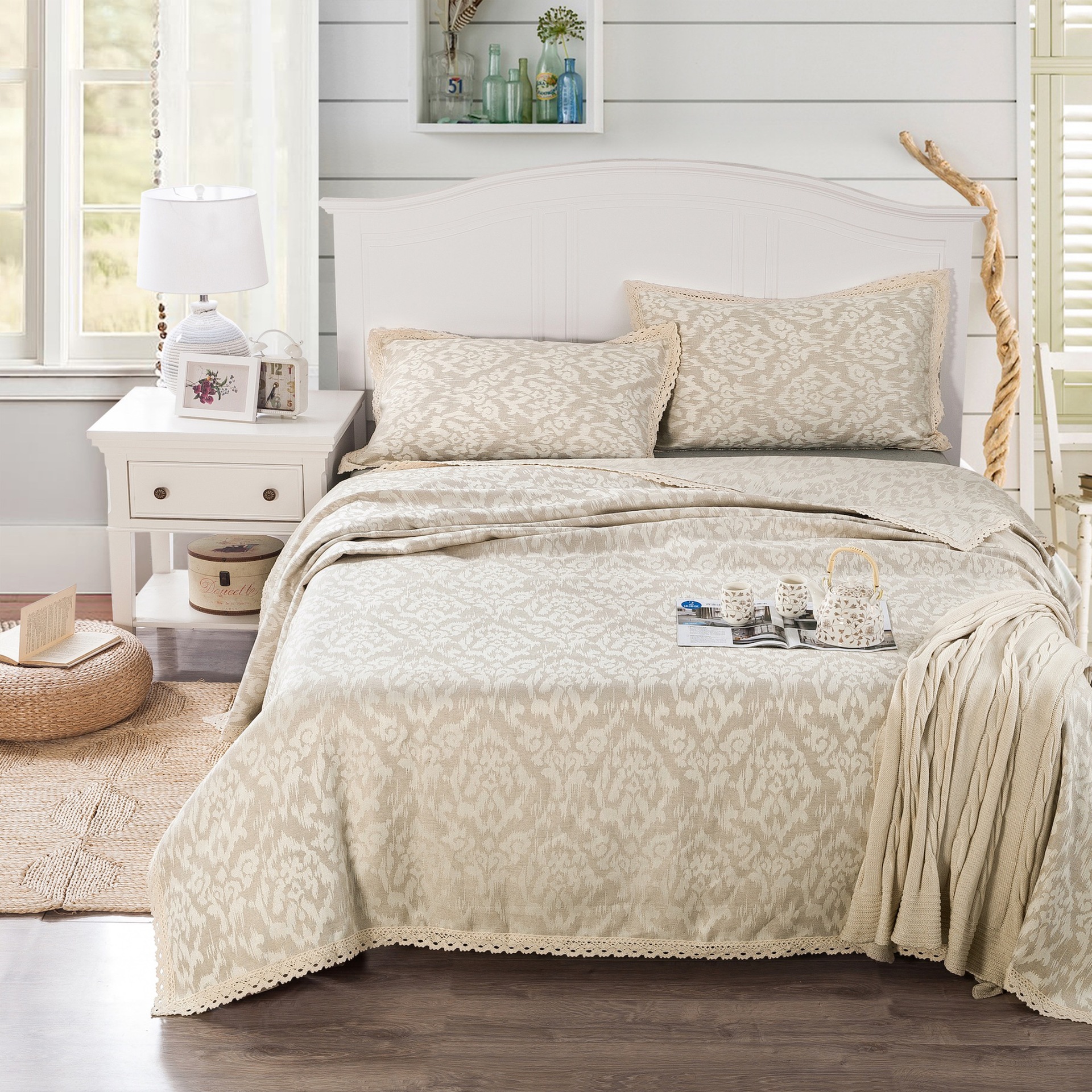 特价夏季新款亚麻凉席三件套 亚麻印花凉席