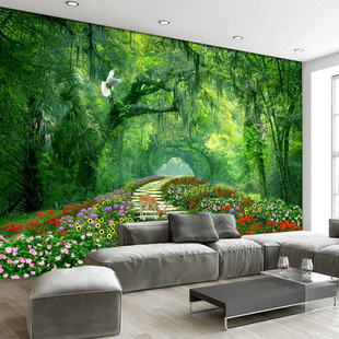 绿色风景墙纸大自然森林3d立体壁画展厅墙布客厅壁纸大型无缝餐饮