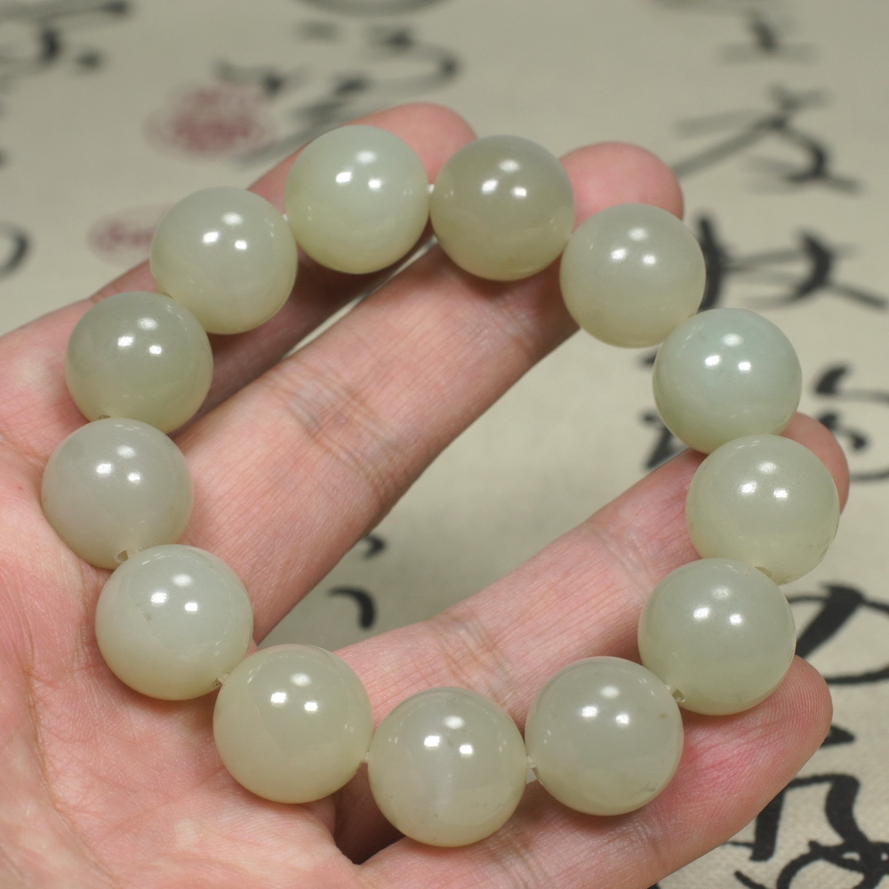 瑾玉坊和田玉青海料青白玉1618mm圆珠手链玉石男款手串手串