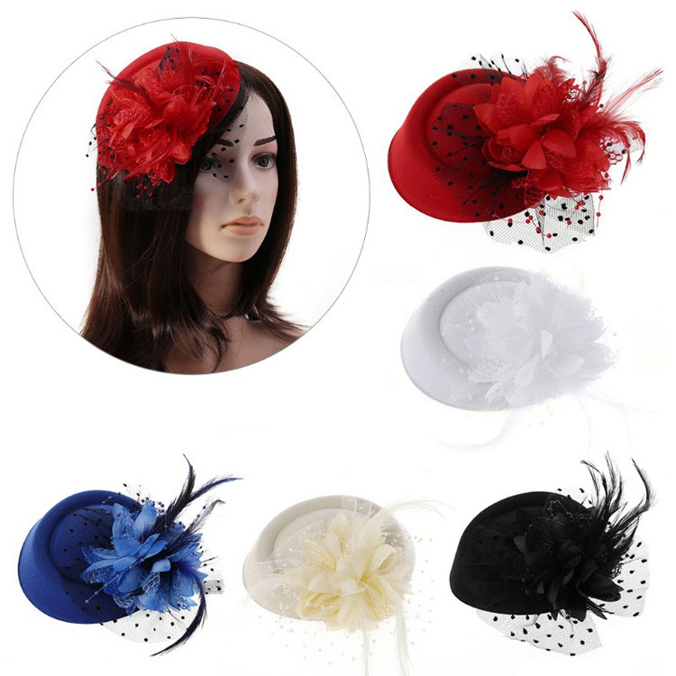 Retro Faux Wool Top Hat Pearl Feather Flower Barrettes Black Dots Large Veil Headdress
