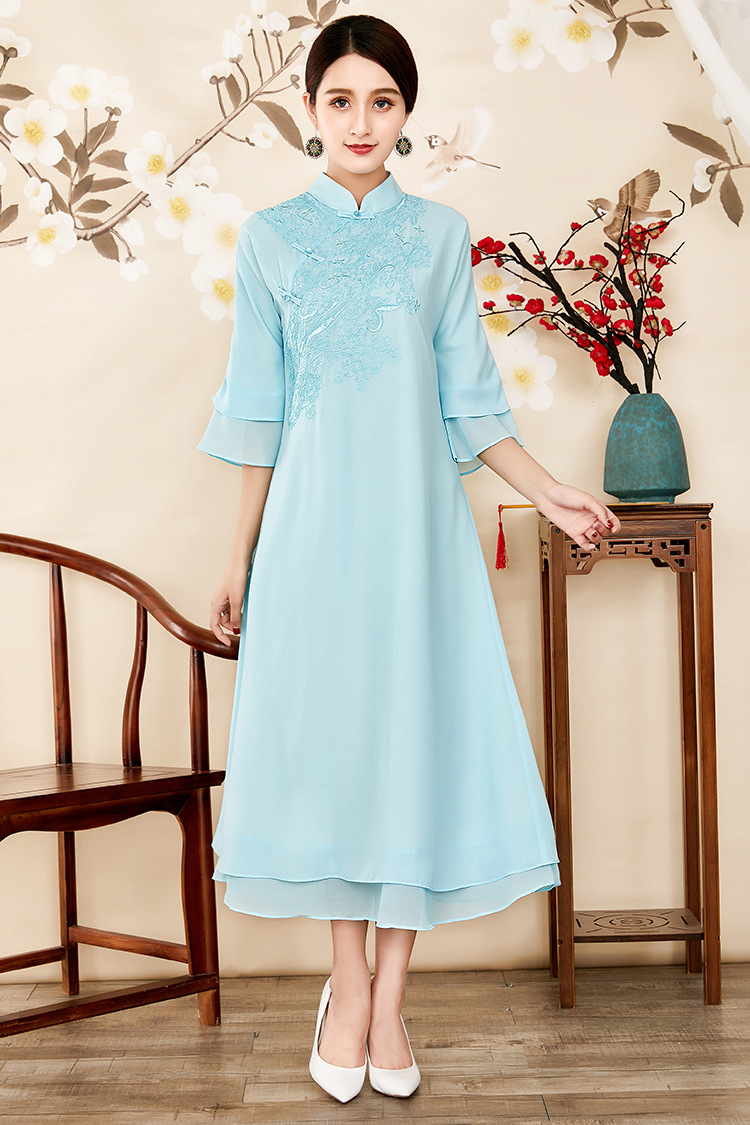 中国风刺绣连衣裙2018夏款情人纱立领五分袖宽松显瘦女装裙w1201