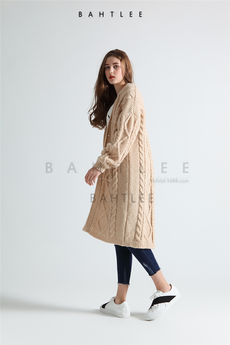 2018秋冬新款 长款羊毛针织大衣 开衫 外套 粗棒针 韩版 立体绞花
