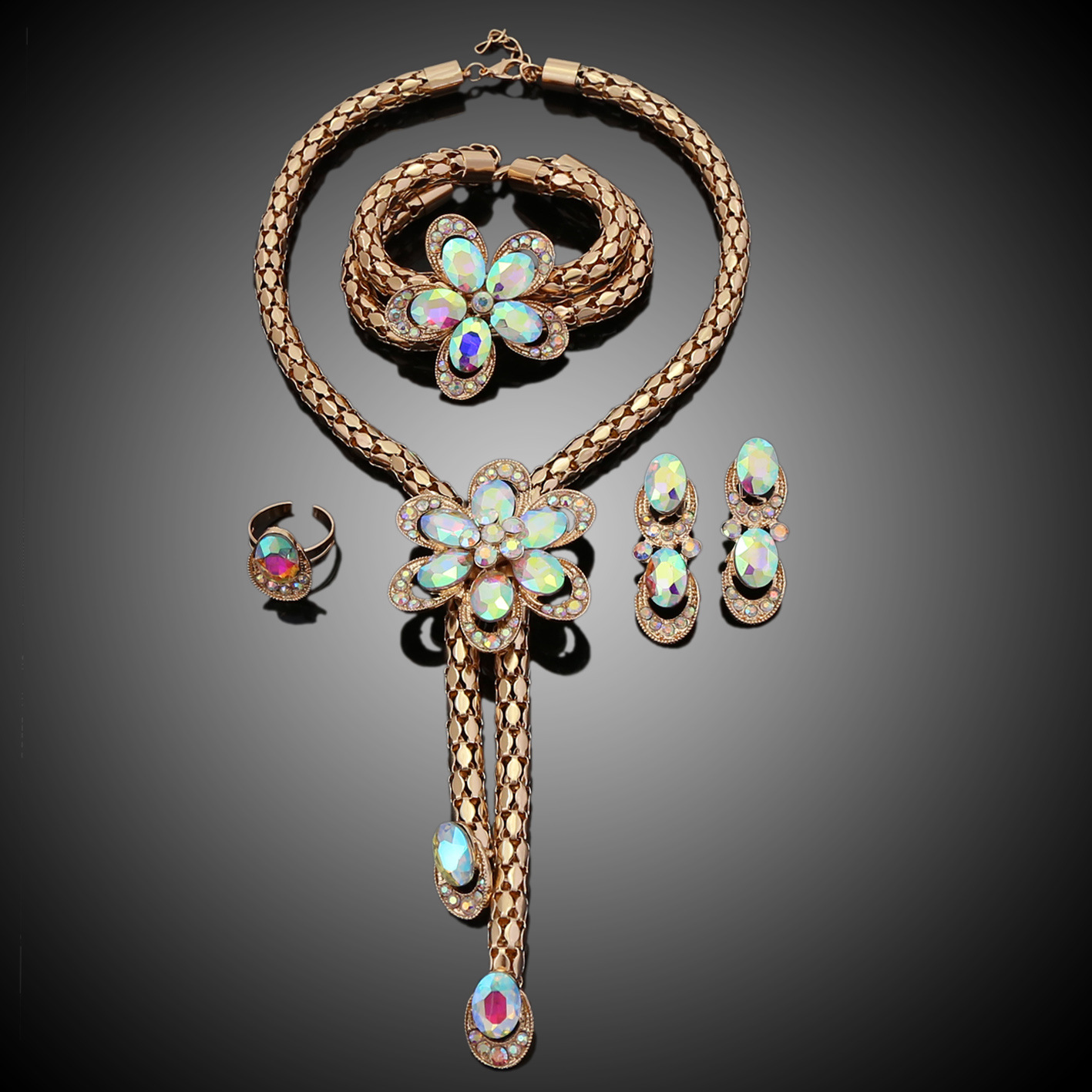 欧美时尚电镀铜合金珠宝镶钻首饰套装项链手链耳环戒指厂家直销